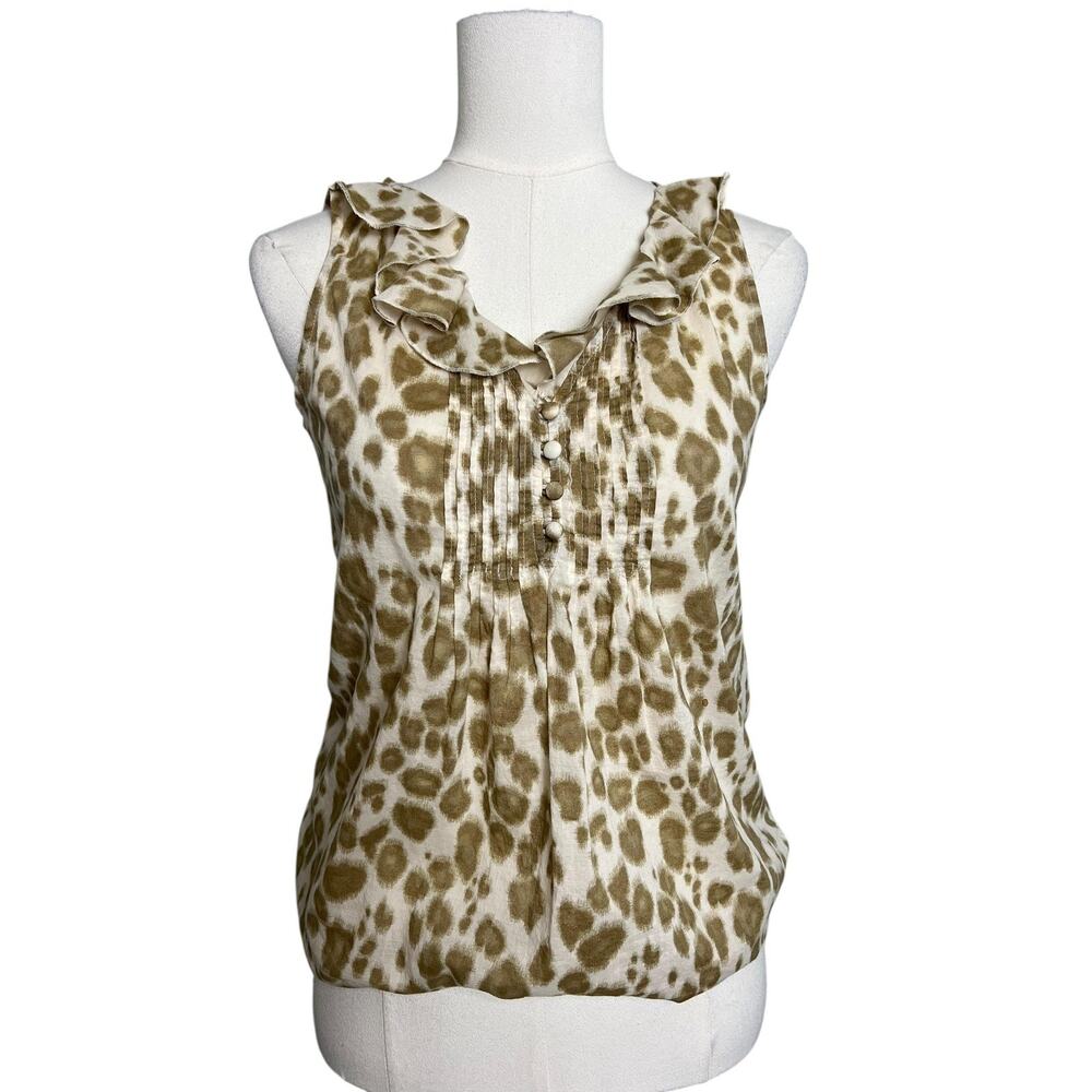 LOFT Blouse Womens XS Beige Leopard Print Ruffle Neck Sleeveless Casual Top